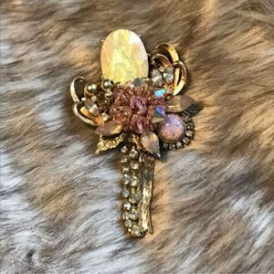 Pink Faux Opal and Gold Beaded Brooch Pin